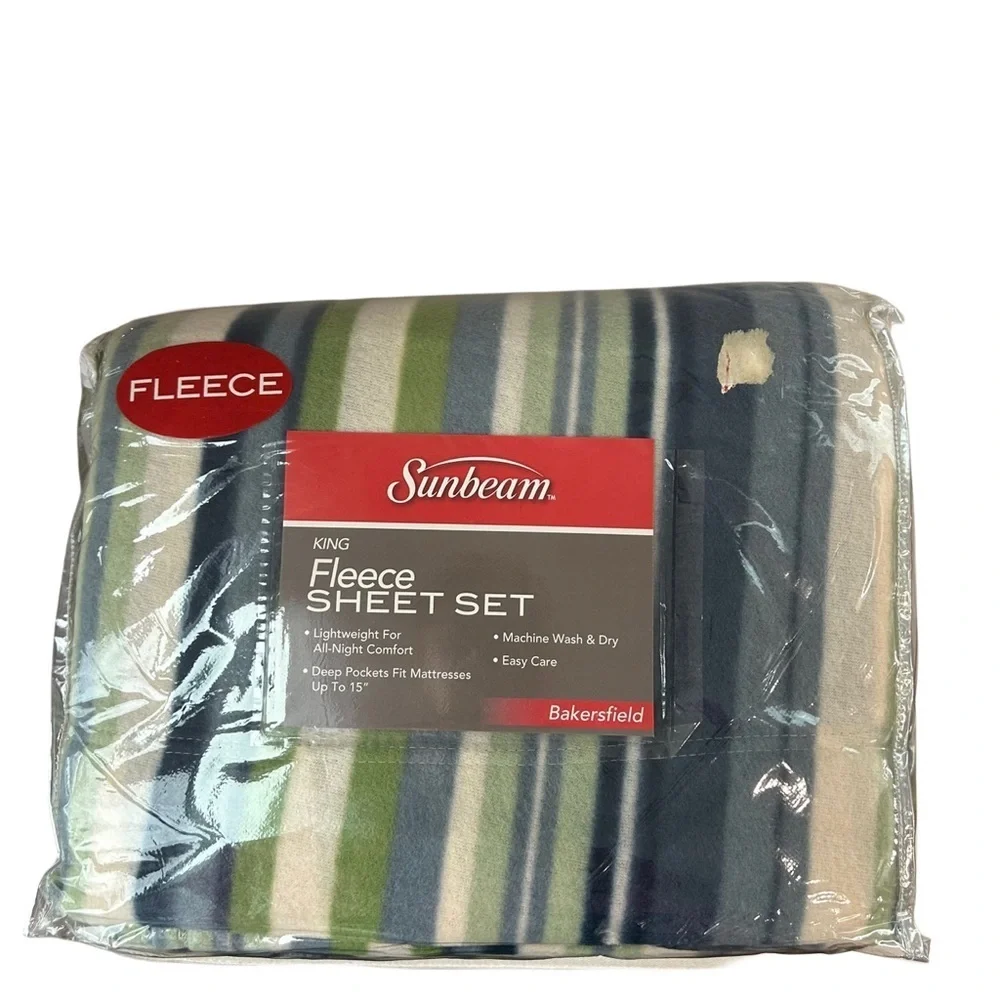 Sunbeam King Fleece Sheet Set Striped Green Blue Bakersfield (NWT).
